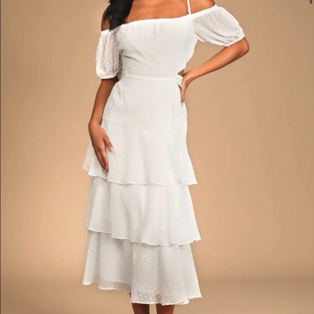 Romantic Revelation White Swiss Dot Off-the-Shoulder Midi Dress